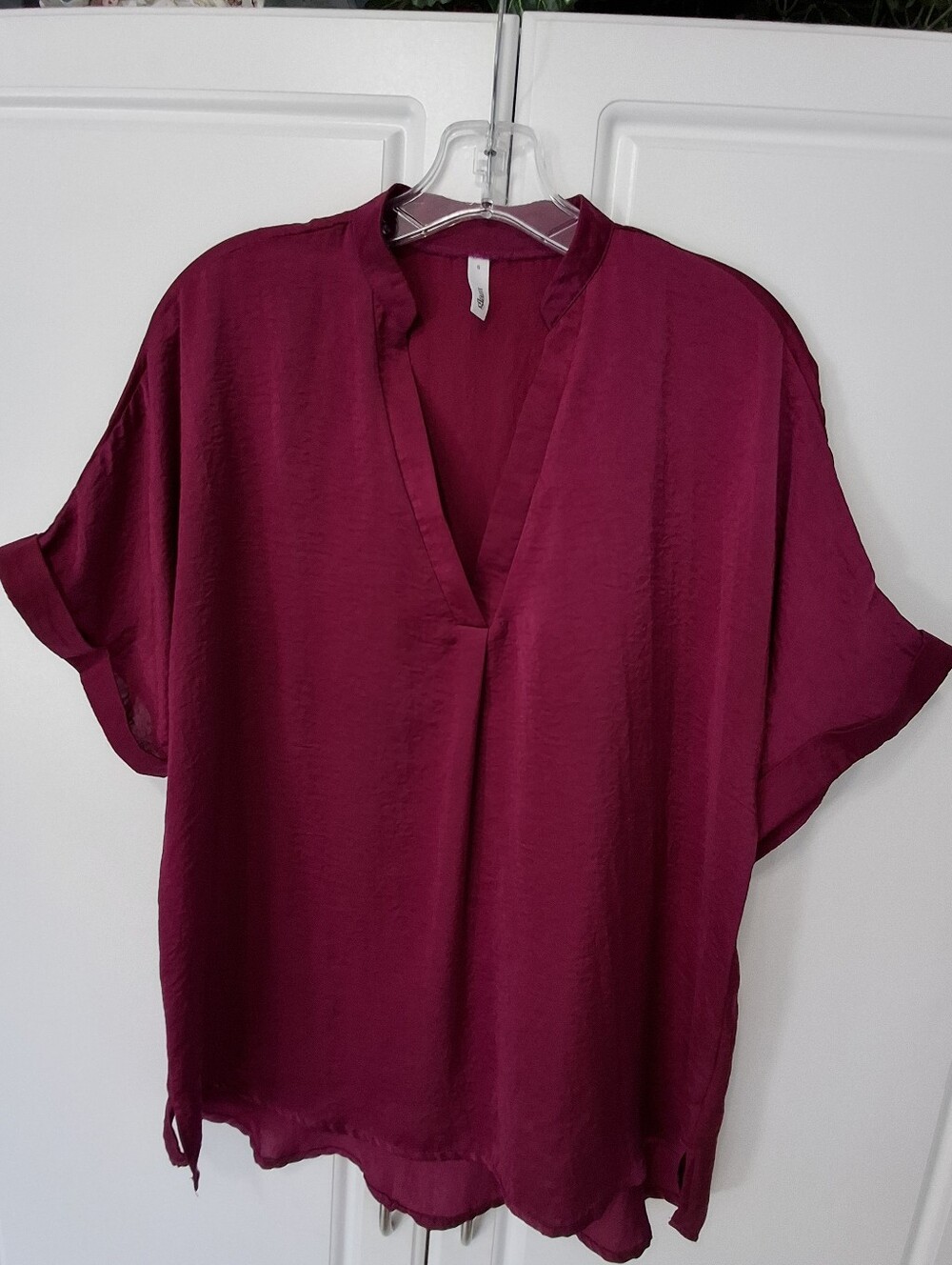 Deep Magenta Split V-Neck Short Sleeve Silk Blouse
